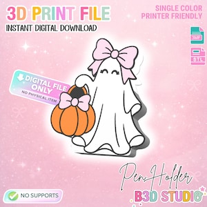 Portapenne a forma di fantasma con fiocco e zucca, stampabile in 3D: decorazione spettrale per la scrivania (file STL + 3MF)