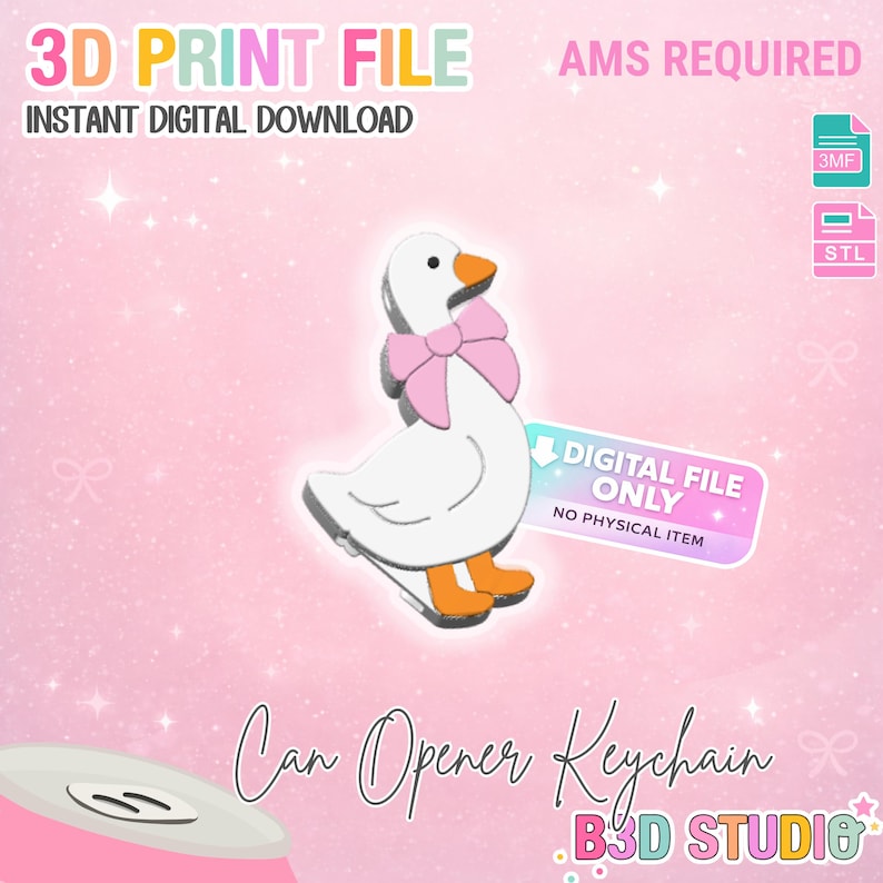 May include: A digital 3D print file for a can opener keychain, featuring a white goose with an orange beak and feet, and a pink bow. The image includes the text "3D PRINT FILE" and "INSTANT DIGITAL DOWNLOAD".
