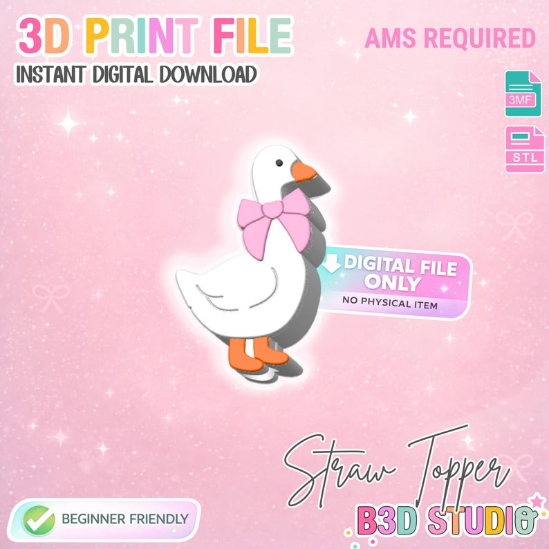 May include: A digital download for a 3D print file of a white goose straw topper with a pink bow. The image includes the text "3D PRINT FILE", "INSTANT DIGITAL DOWNLOAD", and "DIGITAL FILE ONLY". The background is pink.