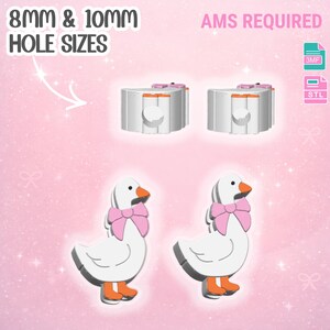 May include: The image displays two sets of objects. The top set is white with orange and pink accents. The bottom set features two white goose figurines with pink bows and orange beaks and feet. Text includes "8mm & 10mm HOLE SIZES" and "AMS REQUIRED".