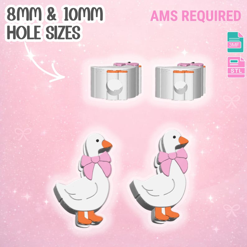 May include: The image displays two sets of objects. The top set is white with orange and pink accents. The bottom set features two white goose figurines with pink bows and orange beaks and feet. Text includes "8mm & 10mm HOLE SIZES" and "AMS REQUIRED".