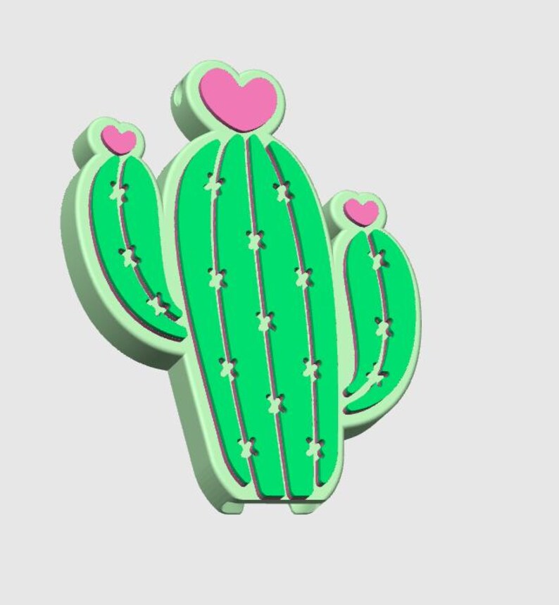 May include: A 3D-rendered cactus in shades of green and light green, with pink heart-shaped accents. The cactus has a textured appearance with vertical lines and small star-shaped details. The design is playful and whimsical.
