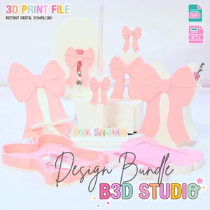 Può includere: Una collezione di design a fiocco rosa e bianco stampati in 3D, tra cui grandi fiocchi decorativi e vassoi più piccoli a forma di fiocco. L'immagine include il testo "3D PRINT FILE" e "Design Bundle B3D STUDIO".