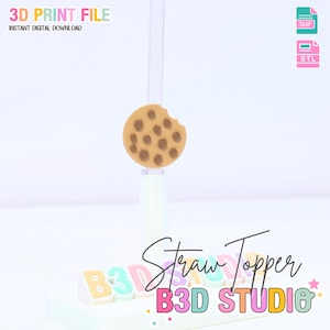 May include: A novelty straw topper in the shape of a chocolate chip cookie with a bite missing. The image includes the text "3D PRINT FILE" and "INSTANT DIGITAL DOWNLOAD". The product is from "B3D STUDIO".