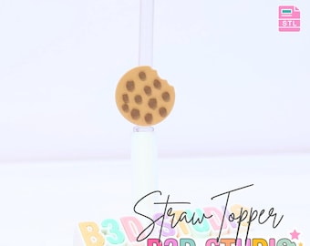 May include: A 3D-printed straw topper shaped like a chocolate chip cookie with a bite taken out. The design includes the text "3D PRINT FILE" and "INSTANT DIGITAL DOWNLOAD". The product is from "B3D STUDIO".