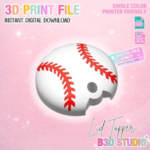 May include: A white baseball lid topper with red stitching, designed for 3D printing. The design includes a bite taken out of the baseball. Text on the image reads "3D Print File" and "Instant Digital Download". The image also states "Digital File Only, No Physical Item".