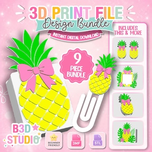 Puede incluir: Un paquete de archivos de impresión 3D con nueve artículos con temática de piña. Los gráficos incluyen piñas amarillas con hojas verdes y lazos rosas, un clip de piña y varios accesorios. El texto incluye 3D PRINT FILE, 9 PIECE BUNDLE y B3D STUDIO.