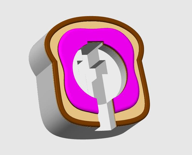 May include: 3D-rendered image of a slice of bread with a keyhole cut out. The bread has a brown crust, a tan middle layer, and a bright pink filling. A white key is inserted into the keyhole, suggesting a playful design.