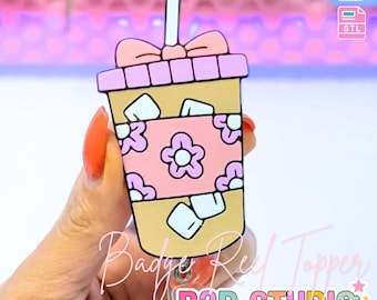 アイスコーヒー柄フラットバックトッパー 3Dプリントファイル（STLおよび3MFデジタルダウンロード）