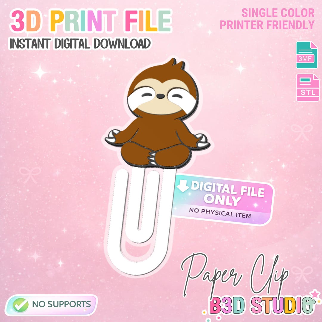 Sloth Paper Clip 3D Print File (STL & 3MF Digital Download) - Etsy