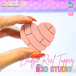 May include: A pink heart-shaped badge reel topper with a gold grid pattern. The text "Badge Reel Topper" and "B3D STUDIO" are visible. The image also includes the text "3D PRINT FILE" and "INSTANT DIGITAL DOWNLOAD".