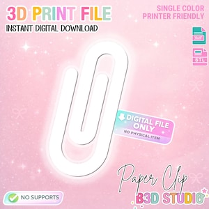 Puede incluir: Un diseño de clip de papel blanco, un archivo de impresión 3D, sobre un fondo rosa con el texto "3D Print File, Instant Digital Download, Single Color Printer Friendly, Digital File Only, No Physical Item, Paper Clip, No Supports."
