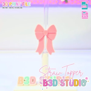 Könnte beinhalten: Ein rosa schleifenförmiger Strohhalm-Aufsatz. Das Bild enthält oben den Text "3D PRINT FILE" und "INSTANT DIGITAL DOWNLOAD". Der Text "Straw Topper" und "B3D STUDIO" sind ebenfalls sichtbar.