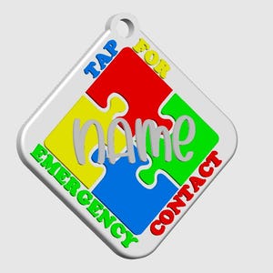 May include: A white, diamond-shaped tag with a puzzle design. The puzzle pieces are red, yellow, green, and blue. The tag has the words "TAP FOR CONTACT" and "EMERGENCY" in green and red, and the word "Name" in the center.