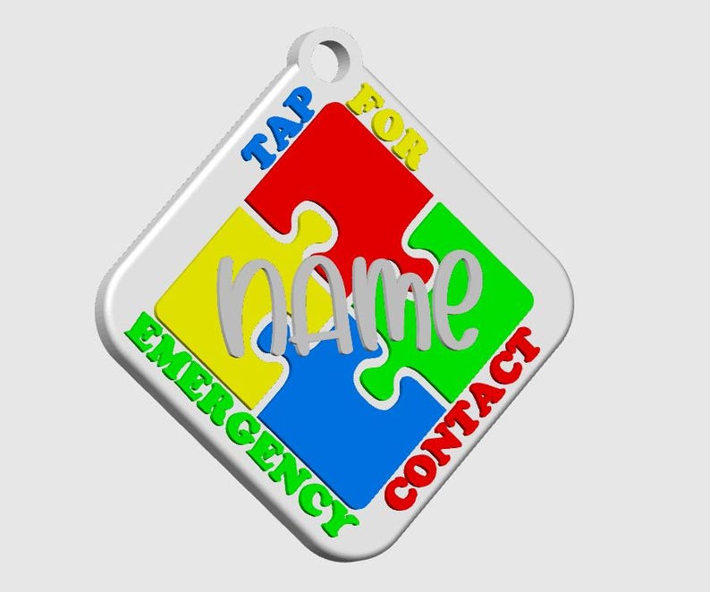 May include: A white, diamond-shaped tag with a puzzle design. The puzzle pieces are red, yellow, green, and blue. The tag has the words "TAP FOR CONTACT" and "EMERGENCY" in green and red, and the word "Name" in the center.