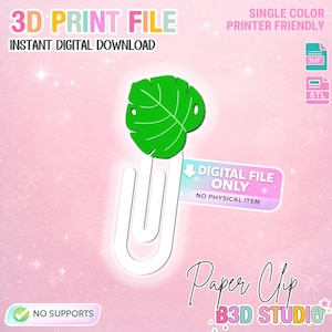 May include: A white paper clip with a green leaf design, labeled "Paper Clip" and "B3D STUDIO." The image includes the text "3D PRINT FILE" and "INSTANT DIGITAL DOWNLOAD." It also states "DIGITAL FILE ONLY" and "NO PHYSICAL ITEM."