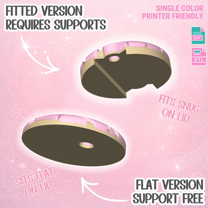 Puede incluir: Imagen renderizada en 3D de un objeto circular de dos partes, con una base marr&oacute;n y una parte superior rosa y beige. El texto indica que el dise&ntilde;o es apto para impresoras de un solo color y est&aacute; disponible en formatos 3MF y STL. Una versi&oacute;n encaja perfectamente en una tapa, la otra es plana.