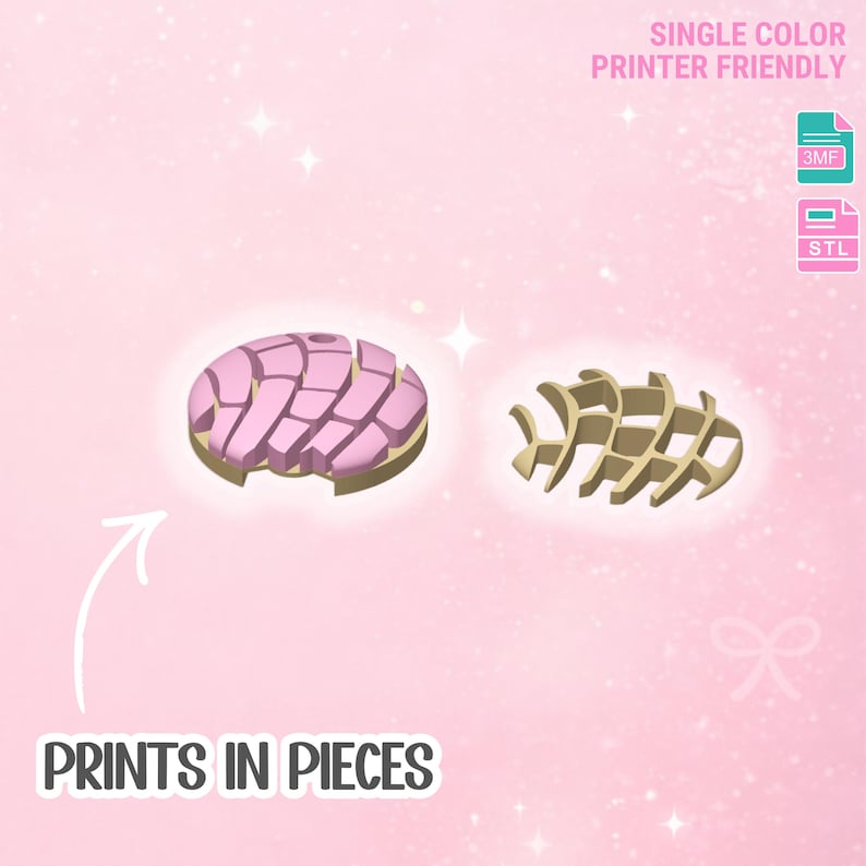 Puede incluir: Imagen renderizada en 3D de una concha, con la parte superior rosa y la base beige, junto a un dise&ntilde;o beige estilizado en forma de concha. El texto "PRINTS IN PIECES" est&aacute; en la parte inferior, con "SINGLE COLOR PRINTER FRIENDLY" en la parte superior.