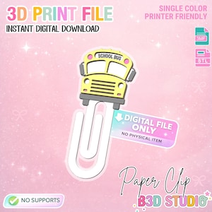 Pode incluir: Um design de clip de papel de autocarro escolar amarelo, um ficheiro de impressão 3D para download digital instantâneo. O design inclui o texto "SCHOOL BUS" e "DIGITAL FILE ONLY". O design é de cor única e adequado para impressora.