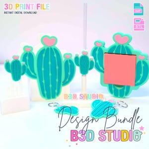 Paquete de archivos de impresión 3D de cactus con forma de corazón: portalápices, llavero y más (descarga digital STL y 3MF)