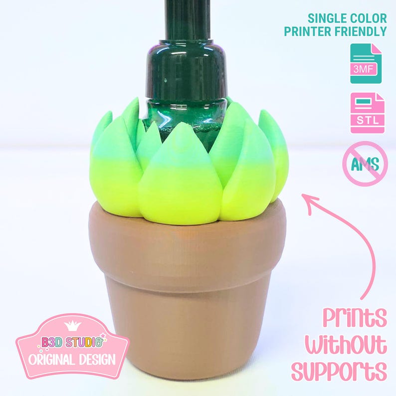 May include: A 3D-printed succulent-shaped soap dispenser holder in a brown pot. The succulent leaves are gradient green and yellow. The dispenser bottle is dark green. Text on the image reads "SINGLE COLOR PRINTER FRIENDLY" and "PRINTS WITHOUT SUPPORTS".