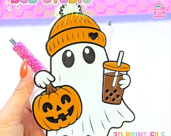May include: A white ghost character wearing an orange beanie and holding a jack-o'-lantern and a boba tea. The ghost has large black eyes and a smiling jack-o'-lantern. The image also includes the text "3D PRINT FILE" and "INSTANT DIGITAL DOWNLOAD".