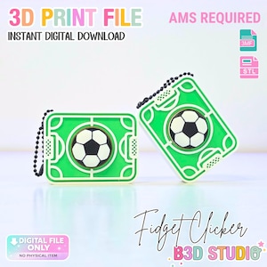 May include: A 3D print file for a football pitch fidget clicker with a black and white football centre. The digital download includes 3MF and STL files, requiring an AMS. Text reads: 3D PRINT FILE, AMS REQUIRED, INSTANT DIGITAL DOWNLOAD, Fidget Clicker, B3D STUDIO, DIGITAL FILE ONLY, NO PHYSICAL ITEM.