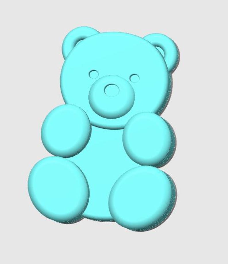 May include: A light blue teddy bear figurine. The bear has a round head with small ears, two small eyes, and a circular nose. It has four round limbs and is sitting upright. The bear is a solid color and has a smooth texture.