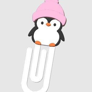 May include: A whimsical penguin-shaped bookmark. The penguin has a black body, white belly, orange feet and beak, and a pink knit cap with a pom-pom. The bookmark is white and has a unique, curved design.