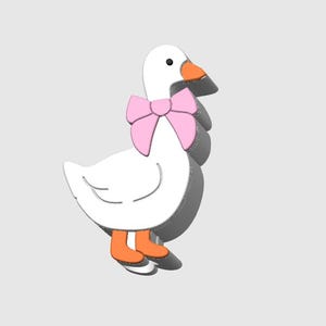 May include: A white cartoon goose with an orange beak and feet, and a pink bow around its neck. The goose is a 3D rendering with a shadow effect, set against a light gray background. The design is simple and whimsical.