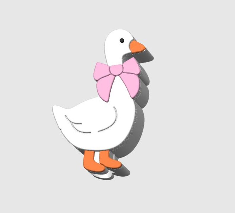 May include: A white cartoon goose with an orange beak and feet, and a pink bow around its neck. The goose is a 3D rendering with a shadow effect, set against a light gray background. The design is simple and whimsical.