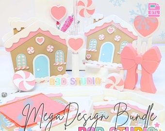 Könnte beinhalten: Eine Sammlung von 3D-Druckdateien mit Lebkuchenhaus-Designs, Lollis und herzförmigen Akzenten. Das Bild enthält den Text "3D Print File" und "Mega Design Bundle" mit dem B3D STUDIO-Logo. Die Farbpalette ist sanft, mit rosa, braunen und blauen Farbtönen.