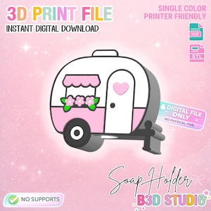May include: A pink and white campervan-shaped soap holder with a heart on the door and flowers above the window. The image includes text that says "3D Print File" and "Instant Digital Download". The design is single colour and printer friendly.