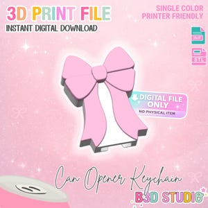 Può includere: Un portachiavi apribottiglie a forma di fiocco rosa. Il design è stampato in 3D e disponibile come download digitale immediato. Il testo sull'immagine dice "3D Print File" e "Can Opener Keychain". Il design è a un solo colore e adatto alla stampa.