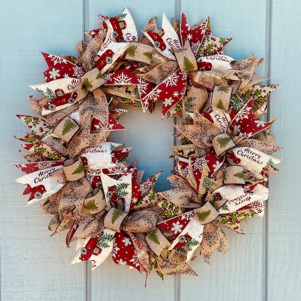 Red Truck Christmas Wreath, Christmas Wreath, Rustic Christmas Wreath, Burlap Christmas Wreath, Christmas Door Decor