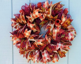 Burgundy Orange Fall Wreath, Pumpkin Leaf, Plaid Ribbon Decor