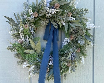 Frosted Cedar Christmas Wreath, Blue Ribbon, Farmhouse Style