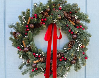 Farmhouse Christmas Wreath, Pine, Berries, Pinecones, Red Velvet Bow
