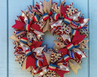 Red Truck Patriotic Wreath, Burlap Stars and Stripes Decor