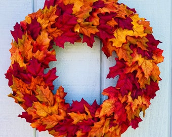 Burgundy and Orange Maple Leaf Fall Wreath, Autumn Decor