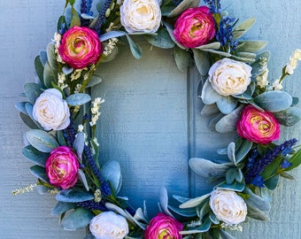 Farmhouse Lambs Ear Wreath, Pink Ranunculus, Burlap Hanger