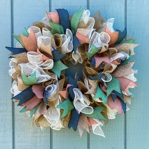Spring Wreath, White & Burlap Mesh Wreath, Pastel Color Wreath, Summer Wreath, Farmhouse Wreath, Front Door Wreath