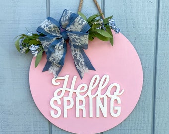 Hello Spring Door Hanger, Pink Rustic Farmhouse Decor