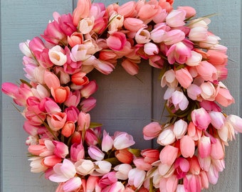 Pink Tulip Wreath, Farmhouse Floral Spring Wreath