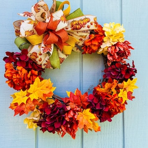 Fall Hydrangea Wreath | Maple Leaf & Pumpkin Ribbon, Front Door Decor