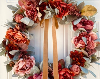Fall Peony Wreath, Lambs Ear, Autumn Farmhouse Decor