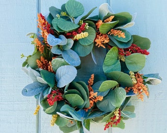Fall Lambs Ear and Eucalyptus Wreath, Autumn Berry Decor