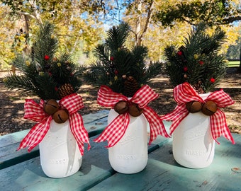 Christmas Pine Centerpiece, Beige Mason Jar with Checker Bow