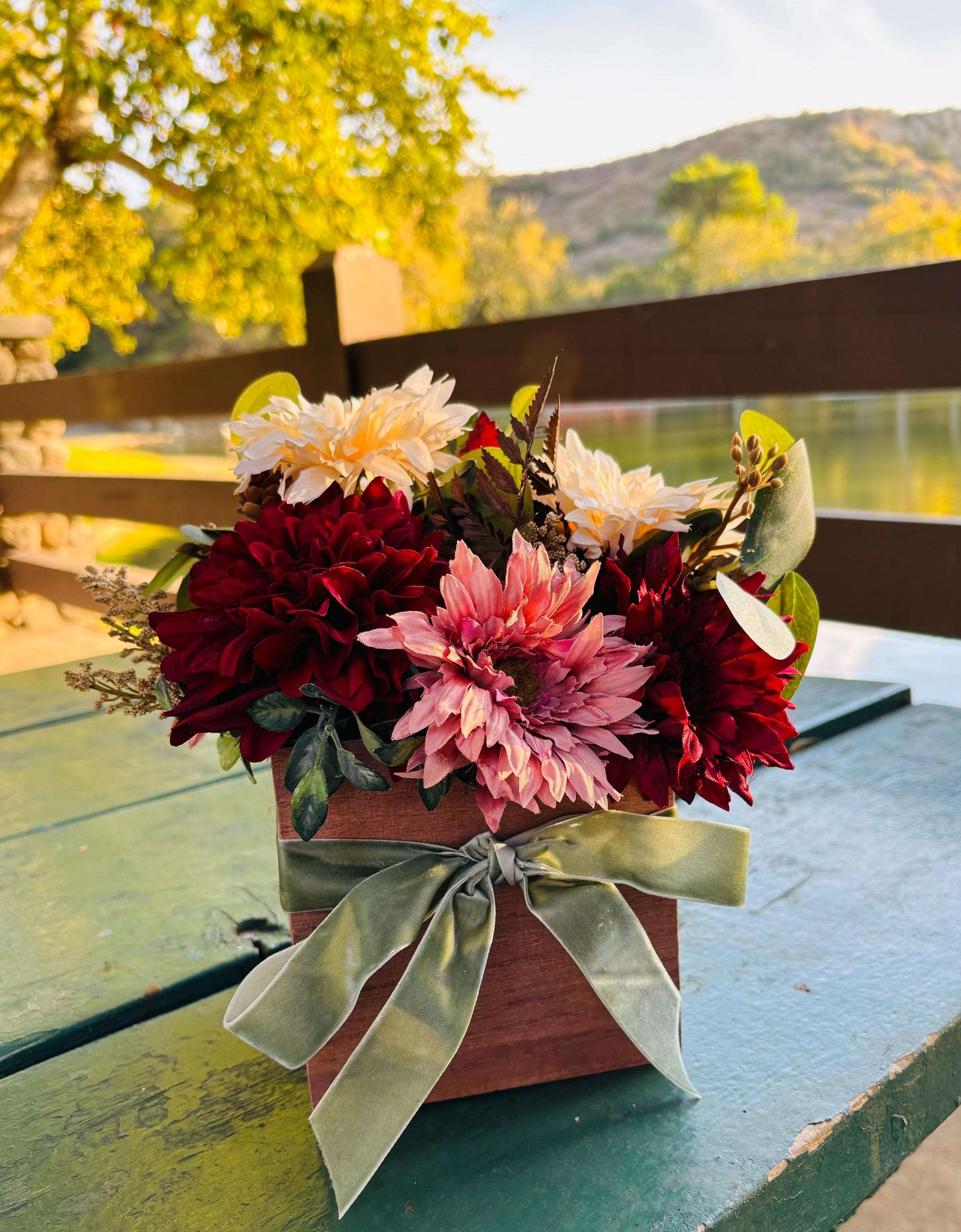 Centerpiece Ribbon Rustic Burgundy Fall Centerpiece, Wooden Box, Velvet Ribbon - Etsy