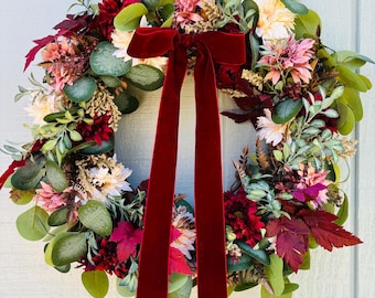 Burgundy Velvet Bow Fall Wreath, Eucalyptus & Maple Leaves